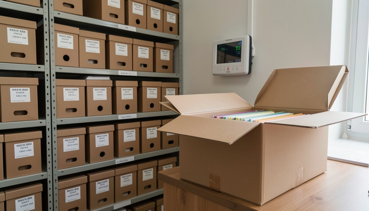 Shelves of archival boxes in a records storage room, with a climate monitor on the wall and one open box showing folders. Illustrative image, generated with AI.