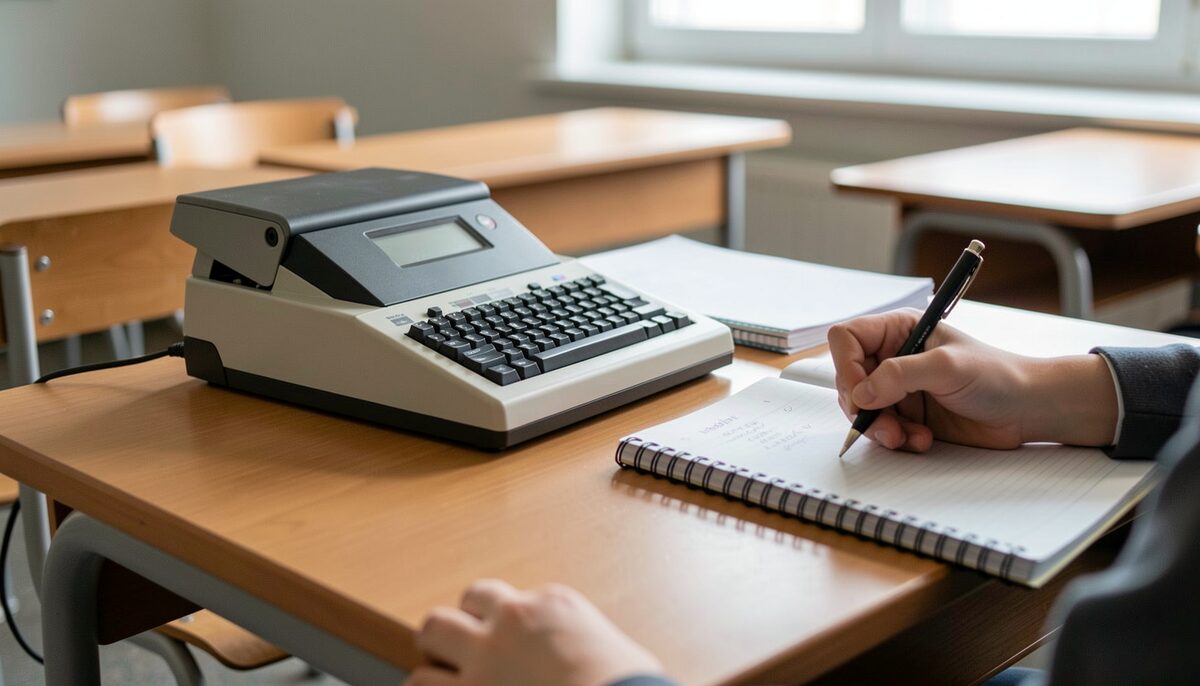 A classroom desk with a stenotype machine, practice notebooks, and a student taking notes. Illustrative image, generated with AI.