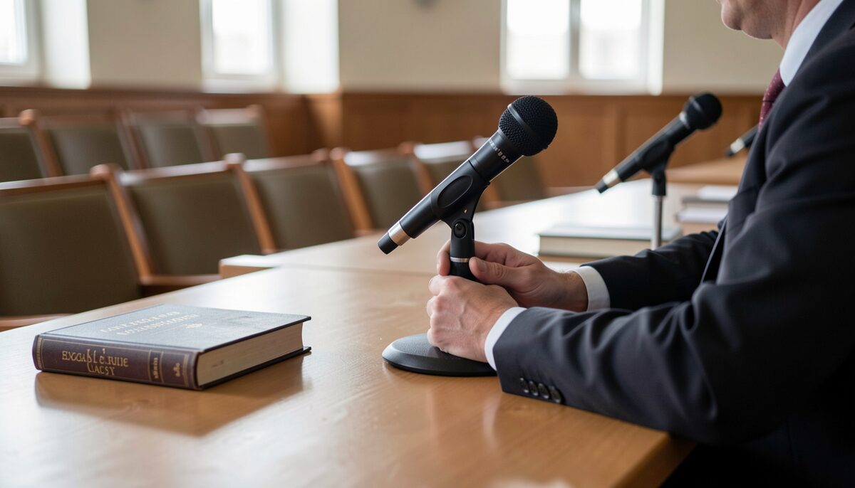 A court reporter's hands adjusting a microphone on the table in an empty hearing room, with a dictionary and style manual nearby. Illustrative image, generated with AI.