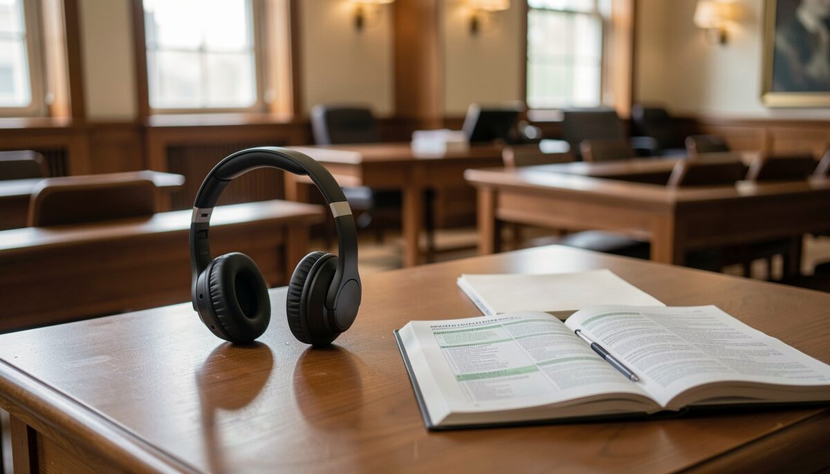 An interpreter's booth in a courthouse with headphones resting on a desk and a bilingual glossary open nearby. Illustrative image, generated with AI.