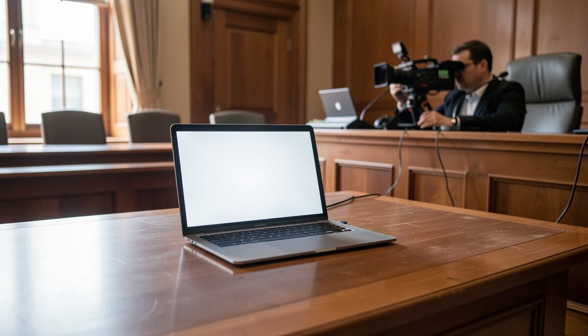 A laptop screen glowing on a counsel table in a courtroom, with a captioner or reporter working in the background. Illustrative image, generated with AI.