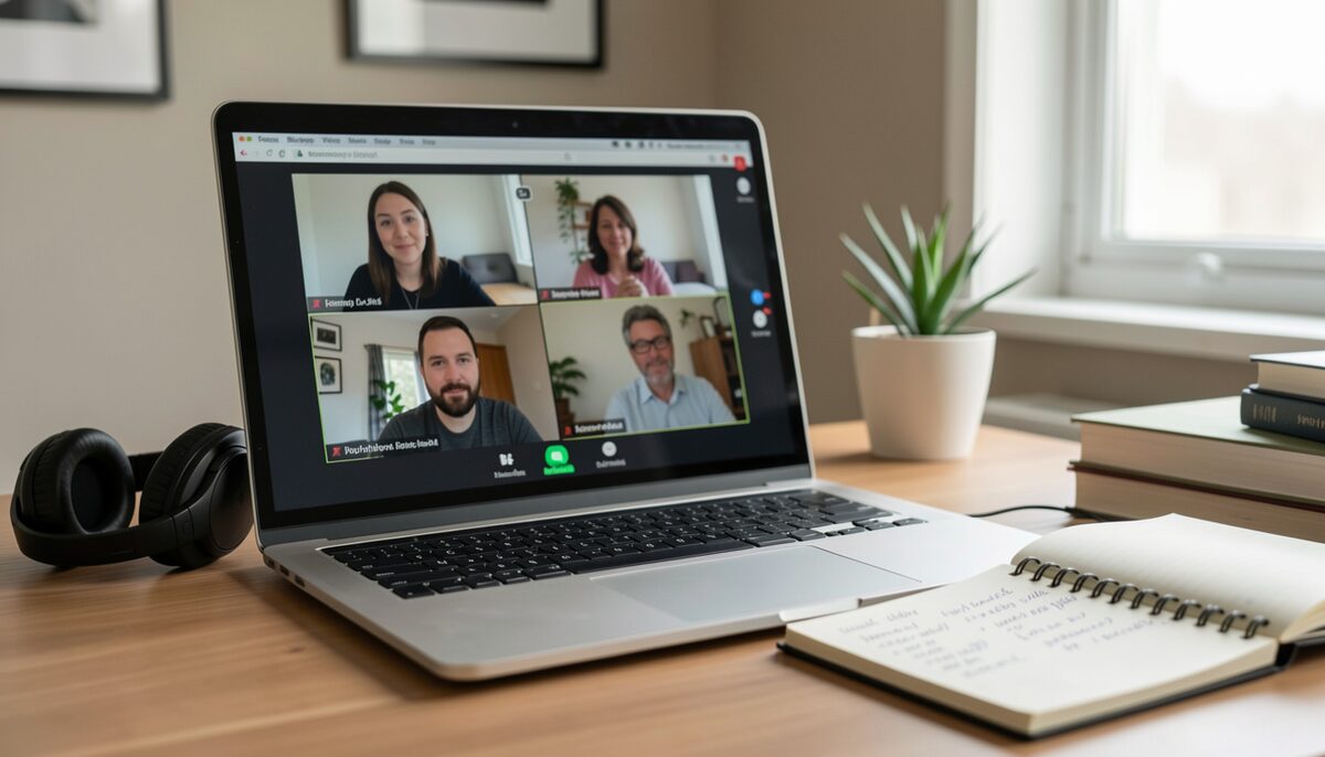 A video conference screen on a laptop in a quiet room, with a headset and a notepad showing shorthand marks. Illustrative image, generated with AI.