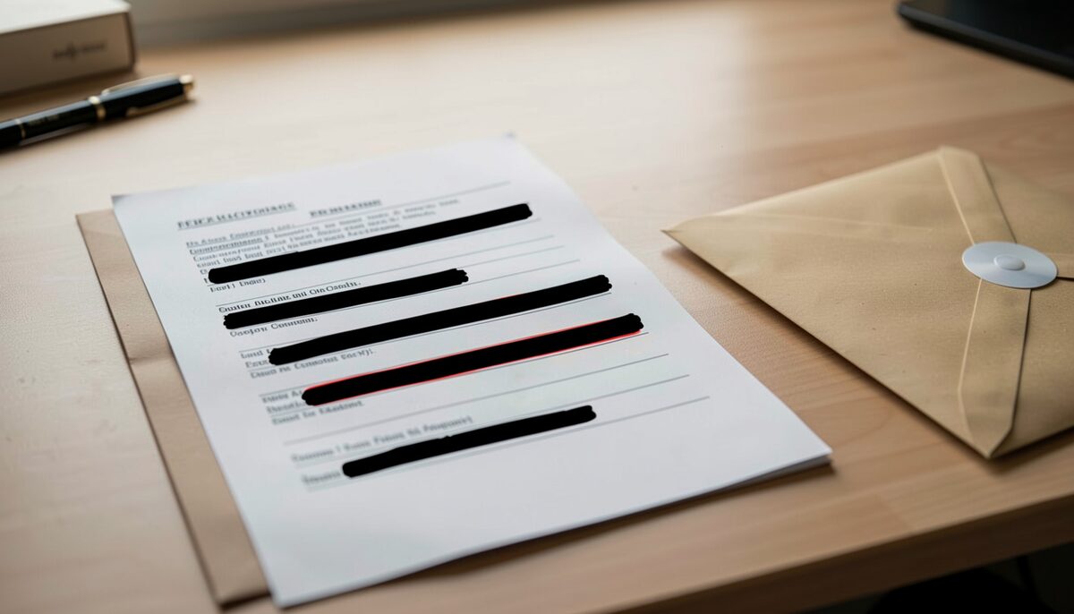 A paper transcript with redactions and a sealed envelope on a desk. Illustrative image, generated with AI.