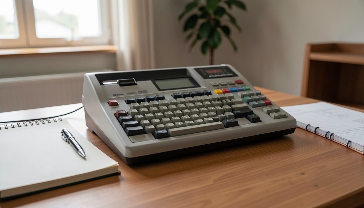 Close view of a stenotype machine keyboard on a wooden desk in a quiet hearing room, with a notebook and pen beside it. Illustrative image, generated with AI.