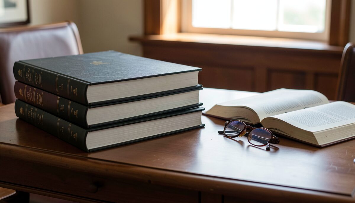 A stack of bound transcripts on an appellate desk beside an open law book and reading glasses. Illustrative image, generated with AI.